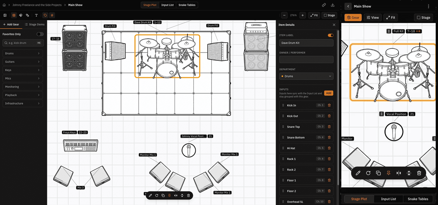 Stage plot canvas desktop and mobile views